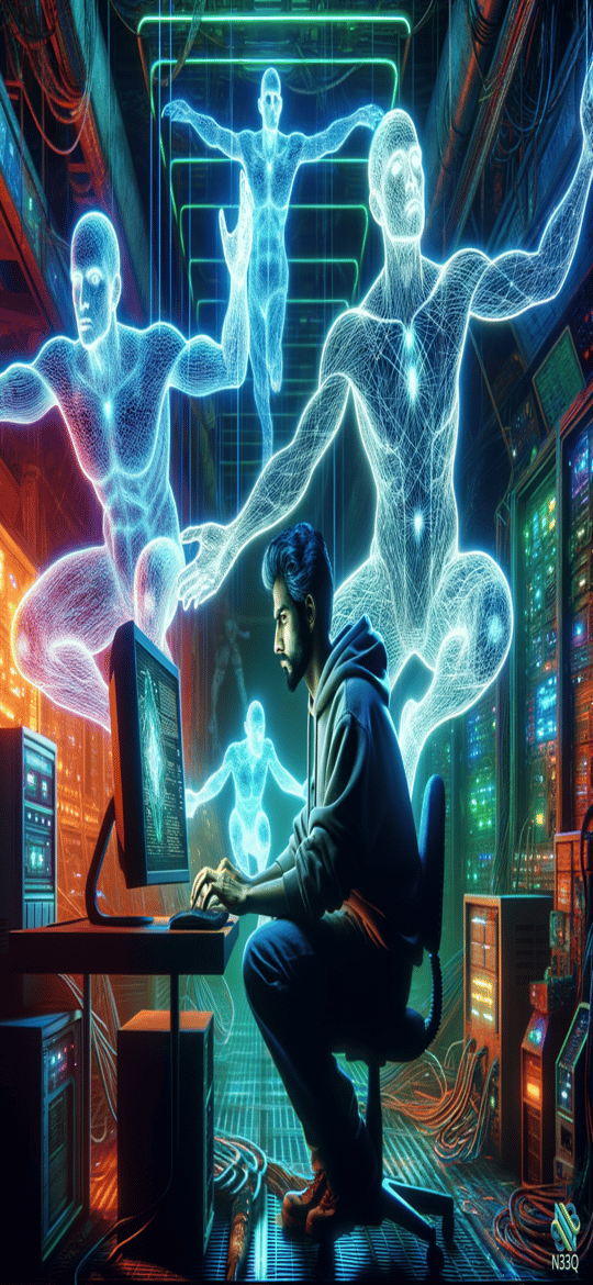 Hacker Surrounded by Holographic Wireframe Figures