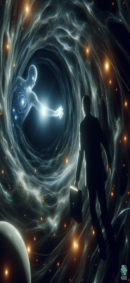 Businessman Approaching Cosmic Portal with Starry Figure