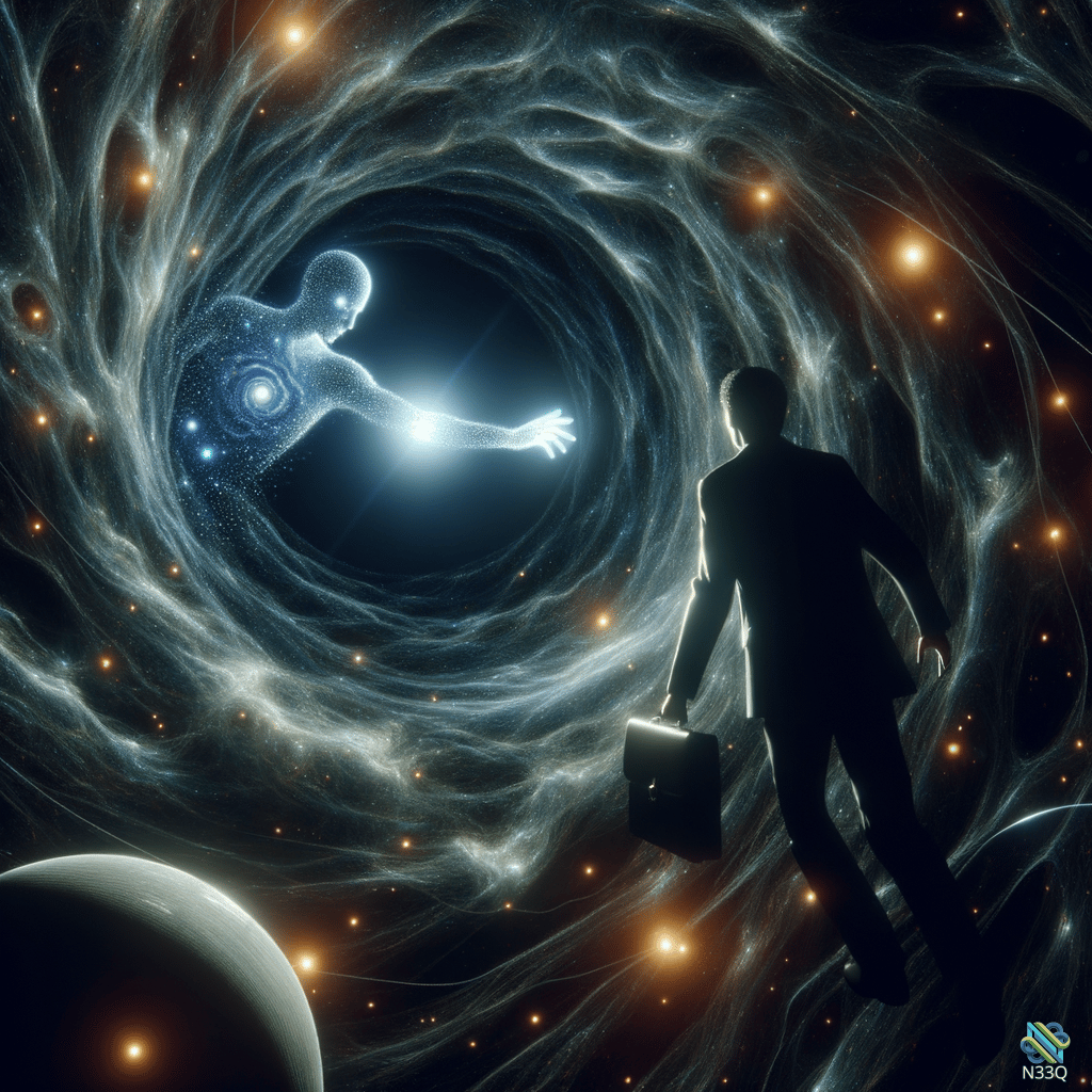 Businessman Approaching Cosmic Portal with Starry Figure
