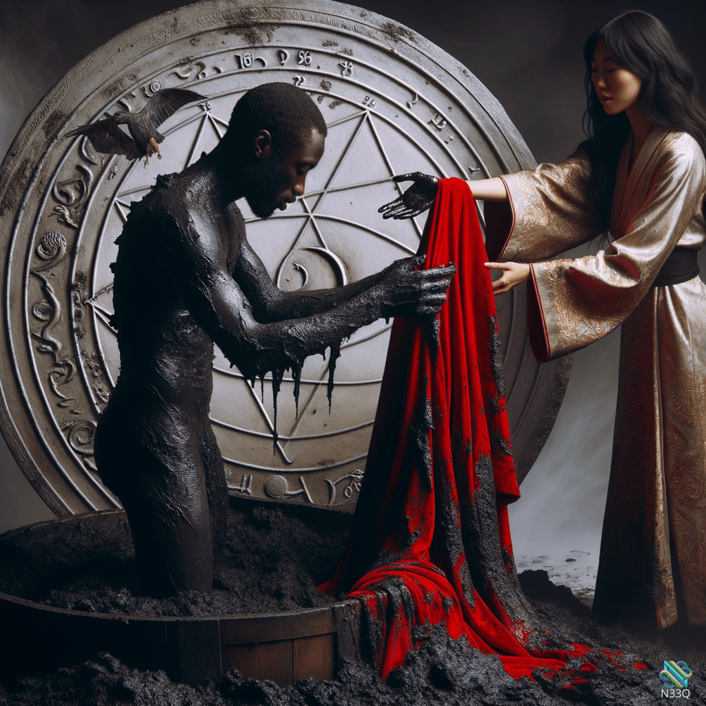 Mud-Covered Man Exchanging Red Cloth with Woman