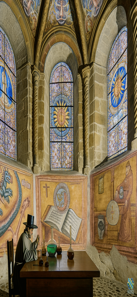 Scholar in Medieval Chapel with Stained Glass
