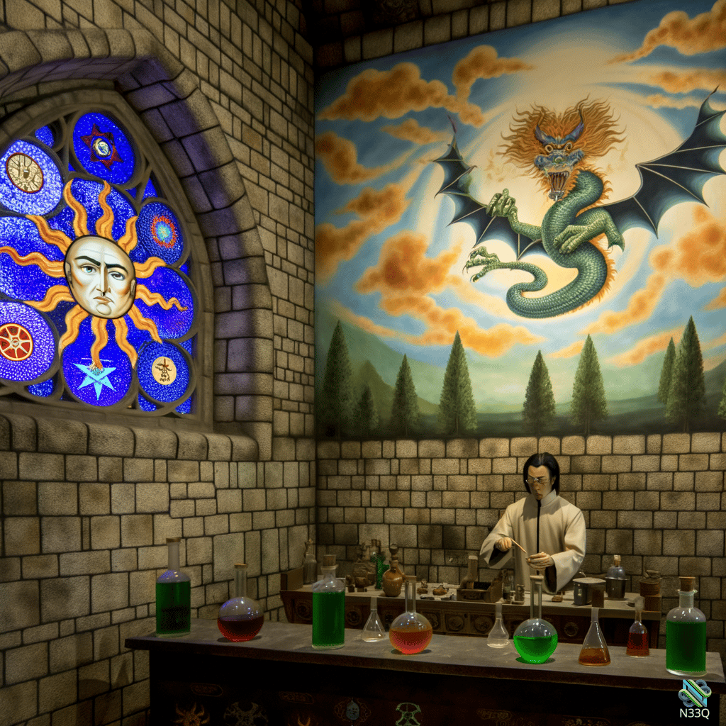 Alchemist with Potions and Dragon Mural