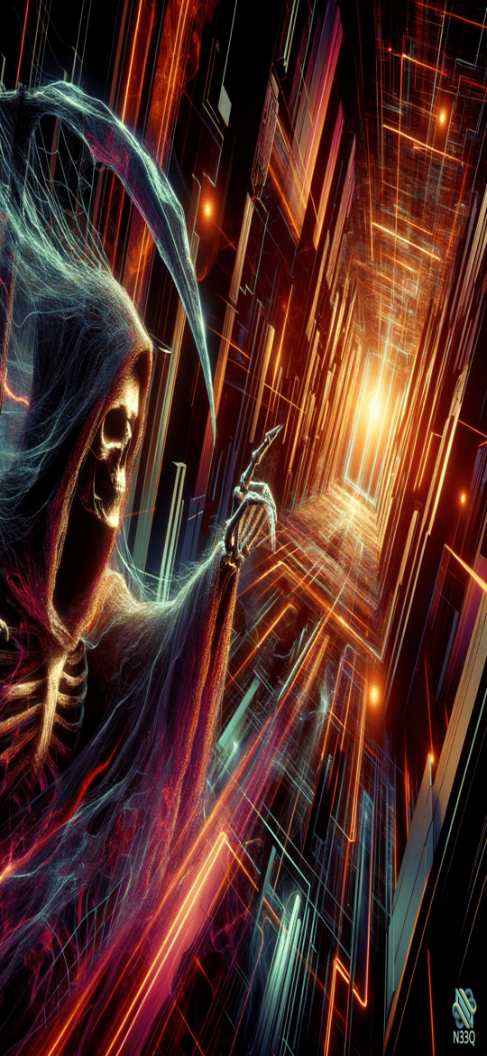 Grim Reaper in Neon Digital Corridor