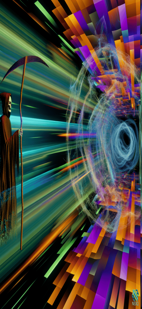 Grim Reaper Facing Swirling Neon Vortex