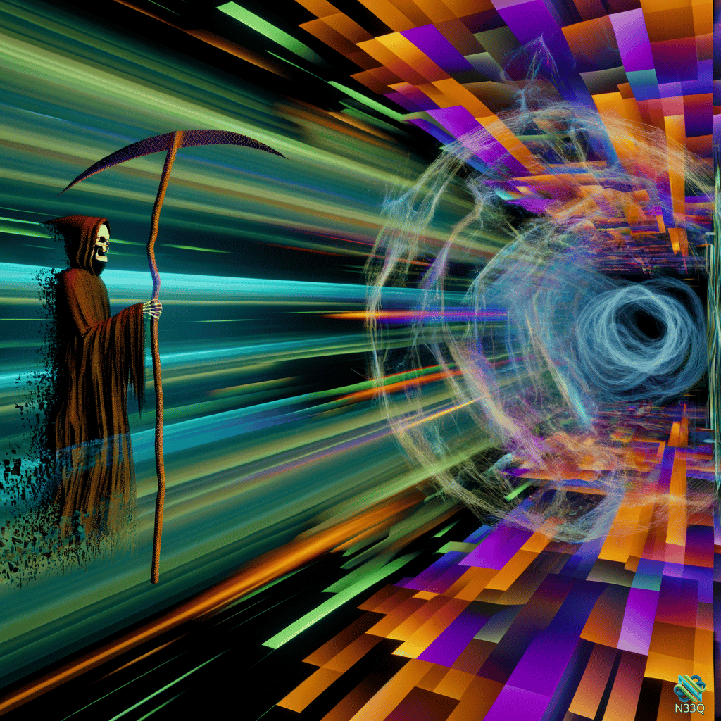 Grim Reaper Facing Swirling Neon Vortex