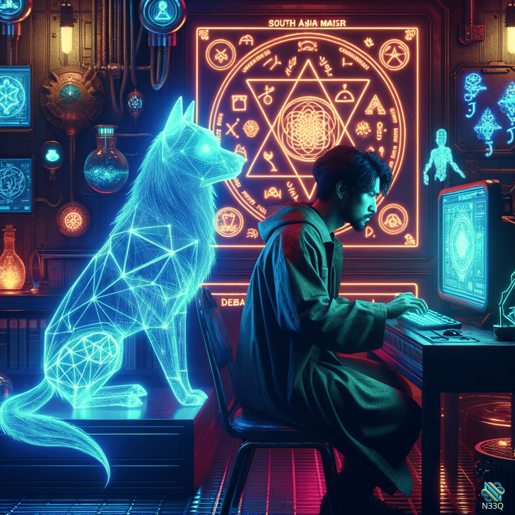 Man at Desk with Blue Holographic Wolf