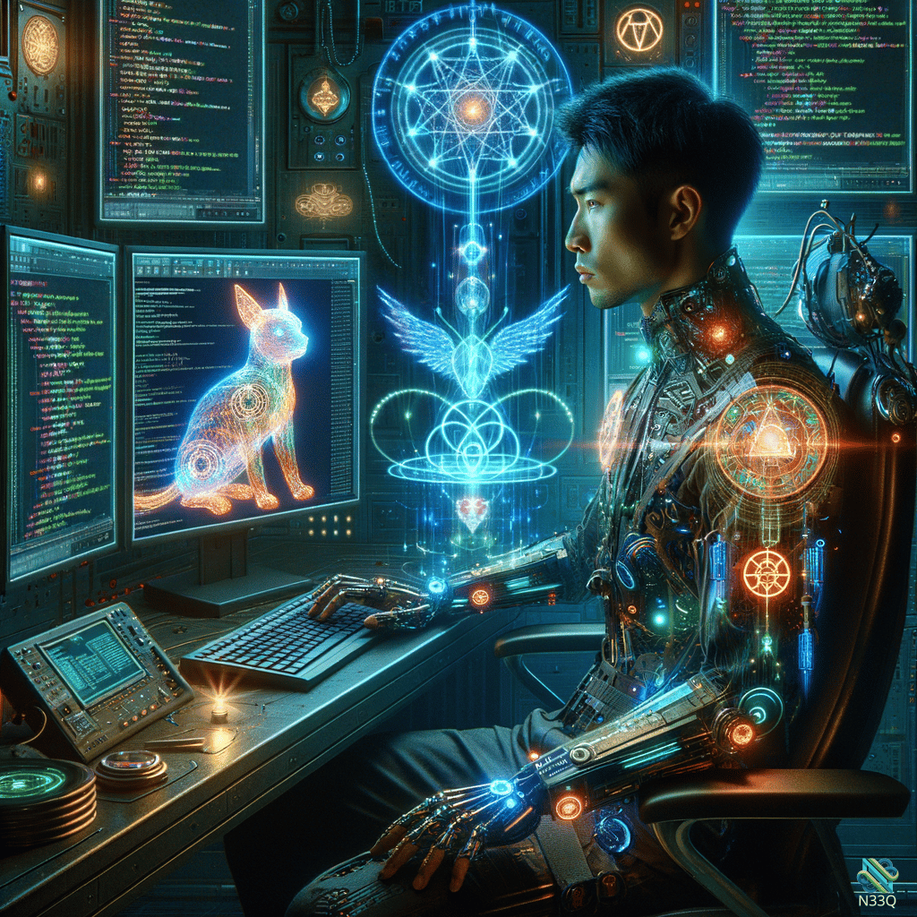 Cyborg Programmer with Holographic Sigils and Digital Cat