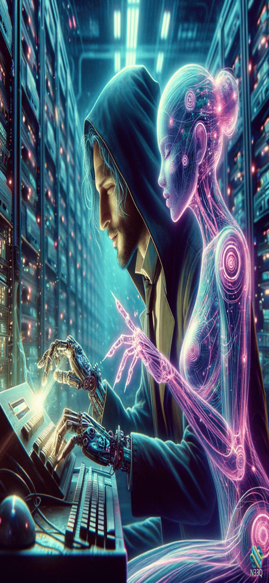Hooded Hacker with Cybernetic Arms and Neon Woman