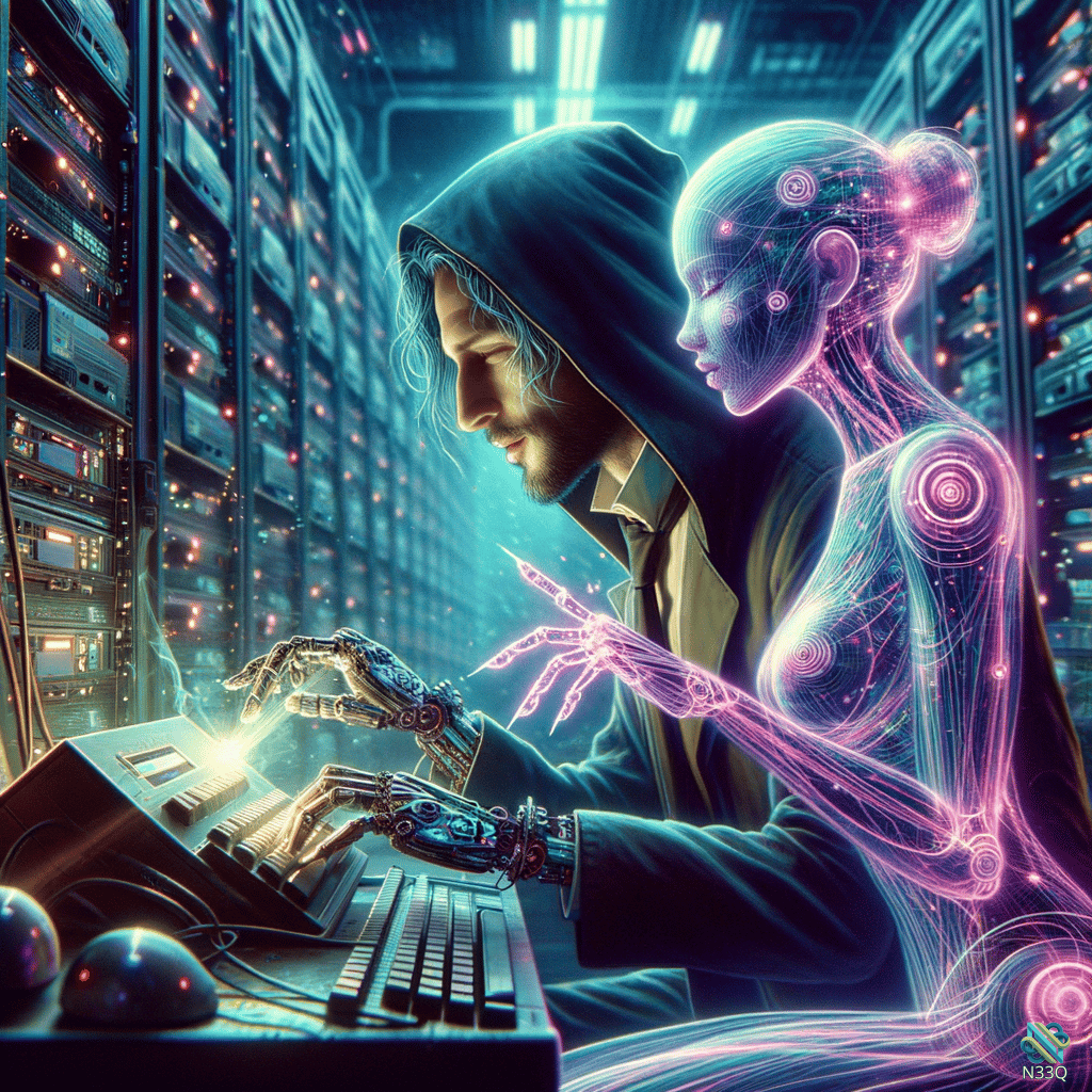 Hooded Hacker with Cybernetic Arms and Neon Woman