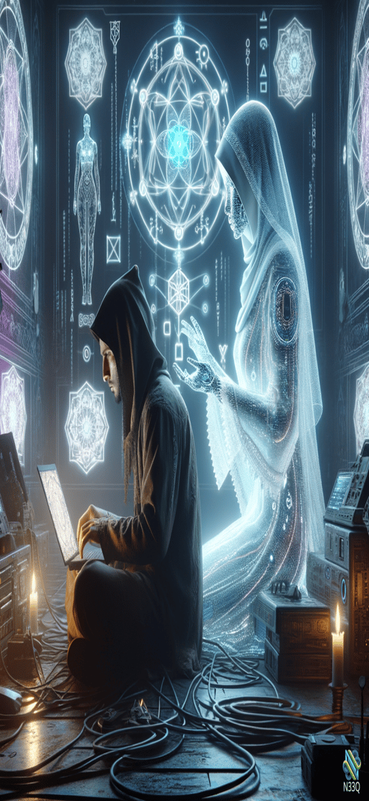 Hacker and Luminous Mystic in Sacred Geometry Chamber