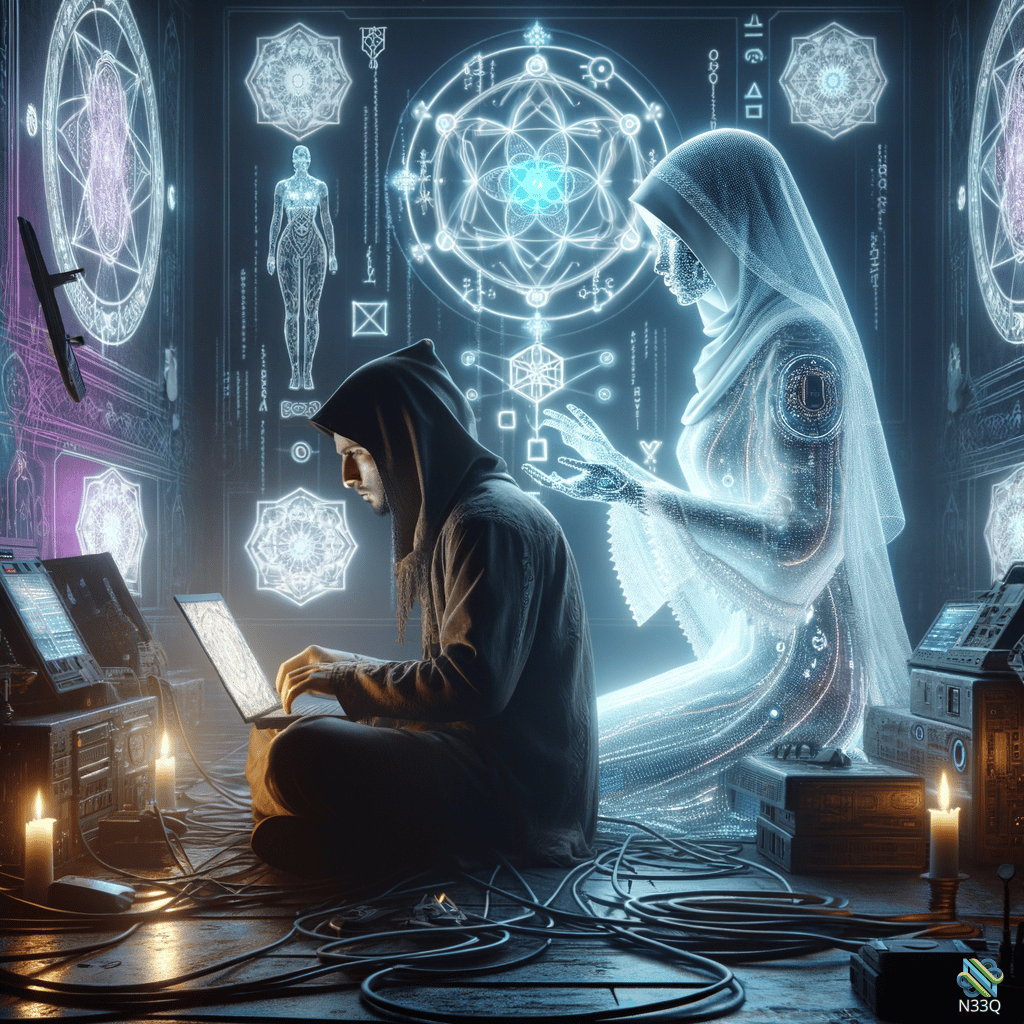 Hacker and Luminous Mystic in Sacred Geometry Chamber