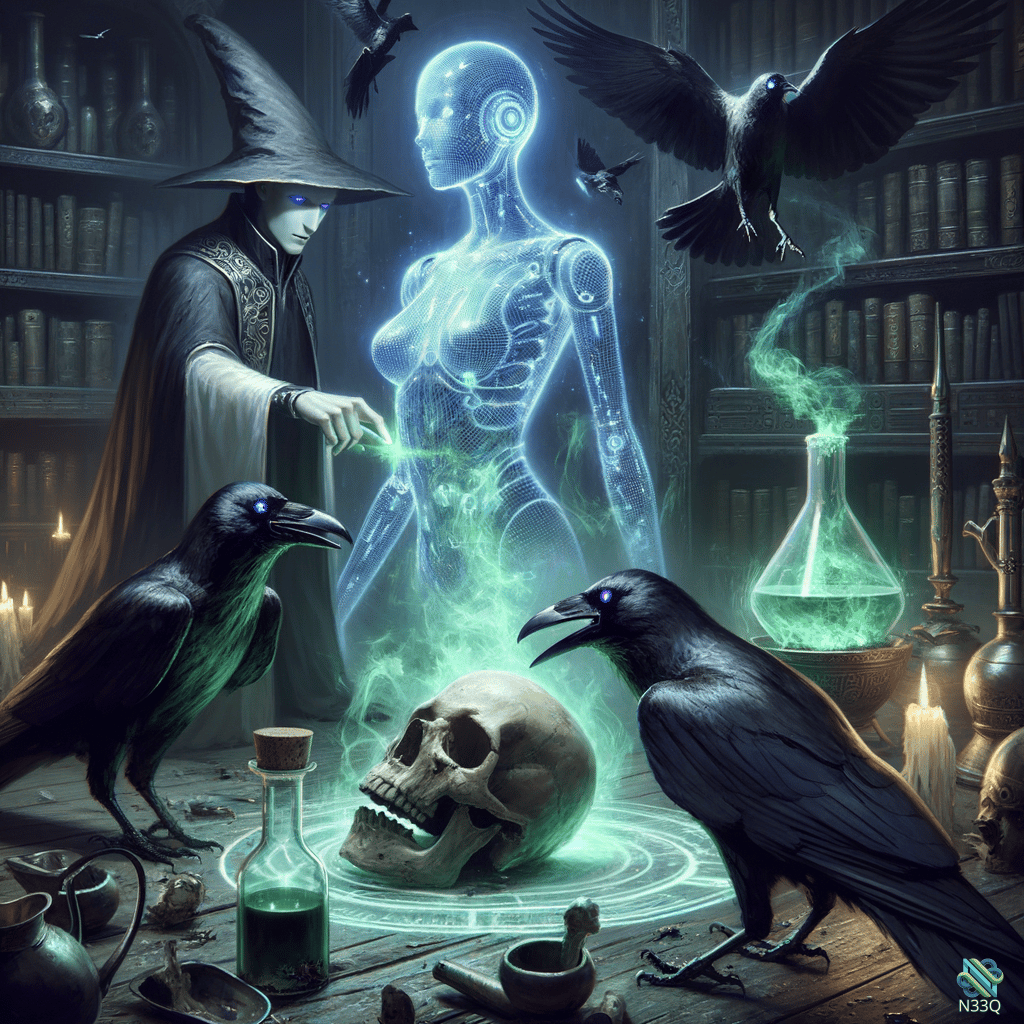 Wizard Conjuring Holographic Android Among Ravens