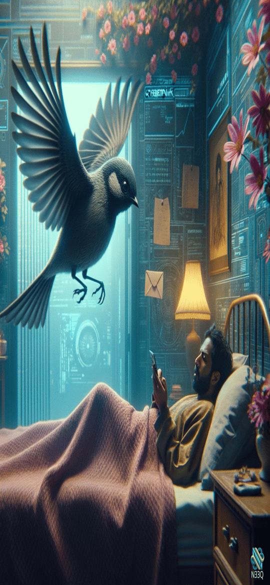 Bird Flying Into Cyberpunk Bedroom