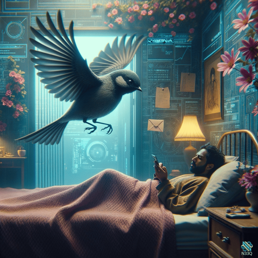 Bird Flying Into Cyberpunk Bedroom