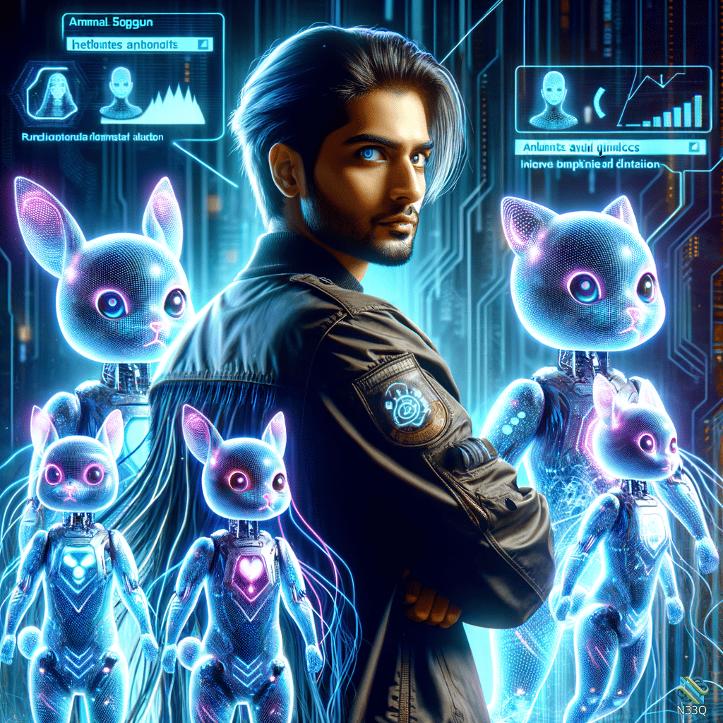 Man Surrounded by Neon Robotic Pets