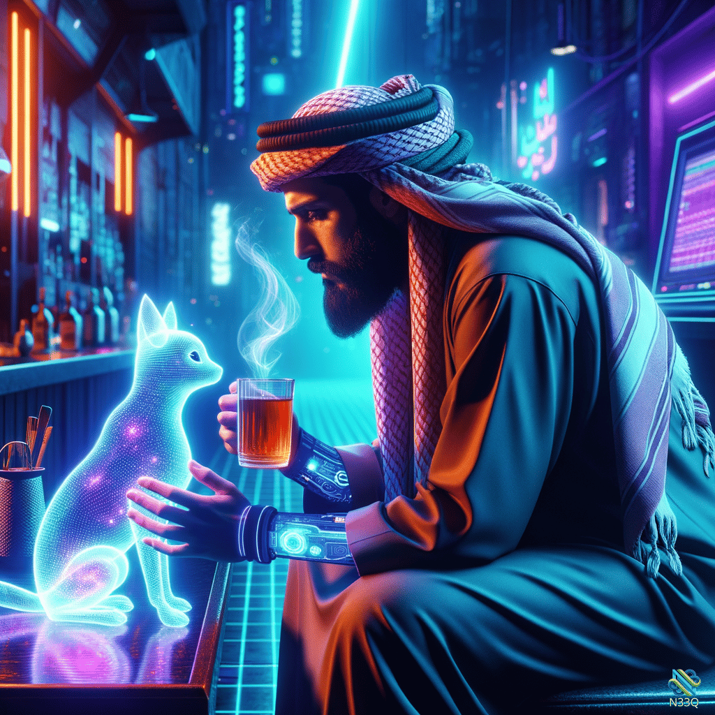 Man and Holographic Cat in Neon Bar