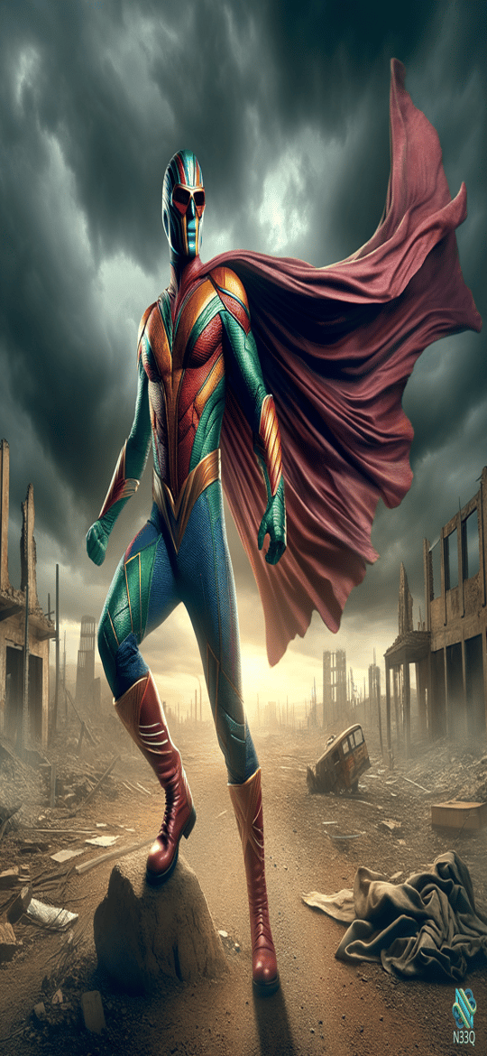 Superhero in Colorful Suit Amid City Ruins