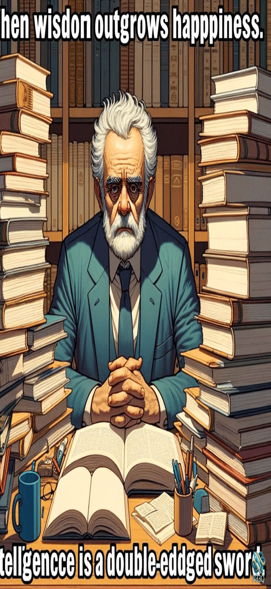 Elderly Scholar Surrounded by Book Stacks