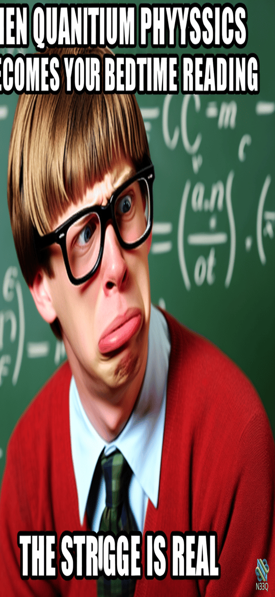 Boy Grimacing at Quantum Physics Chalkboard