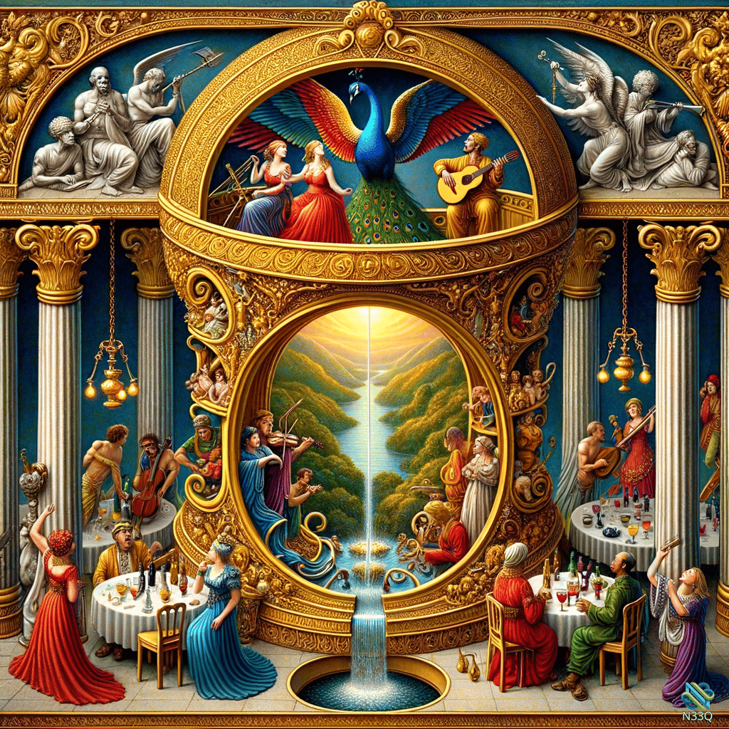 Peacock in Ornate Golden Arch with Musicians