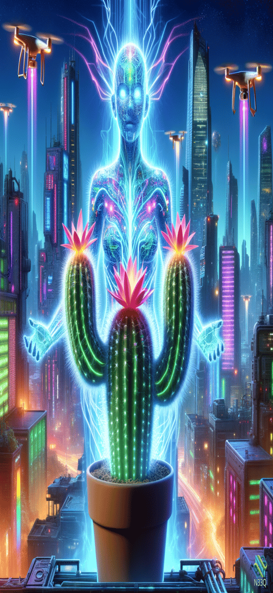 Neon Cactus Humanoid in Cyberpunk City