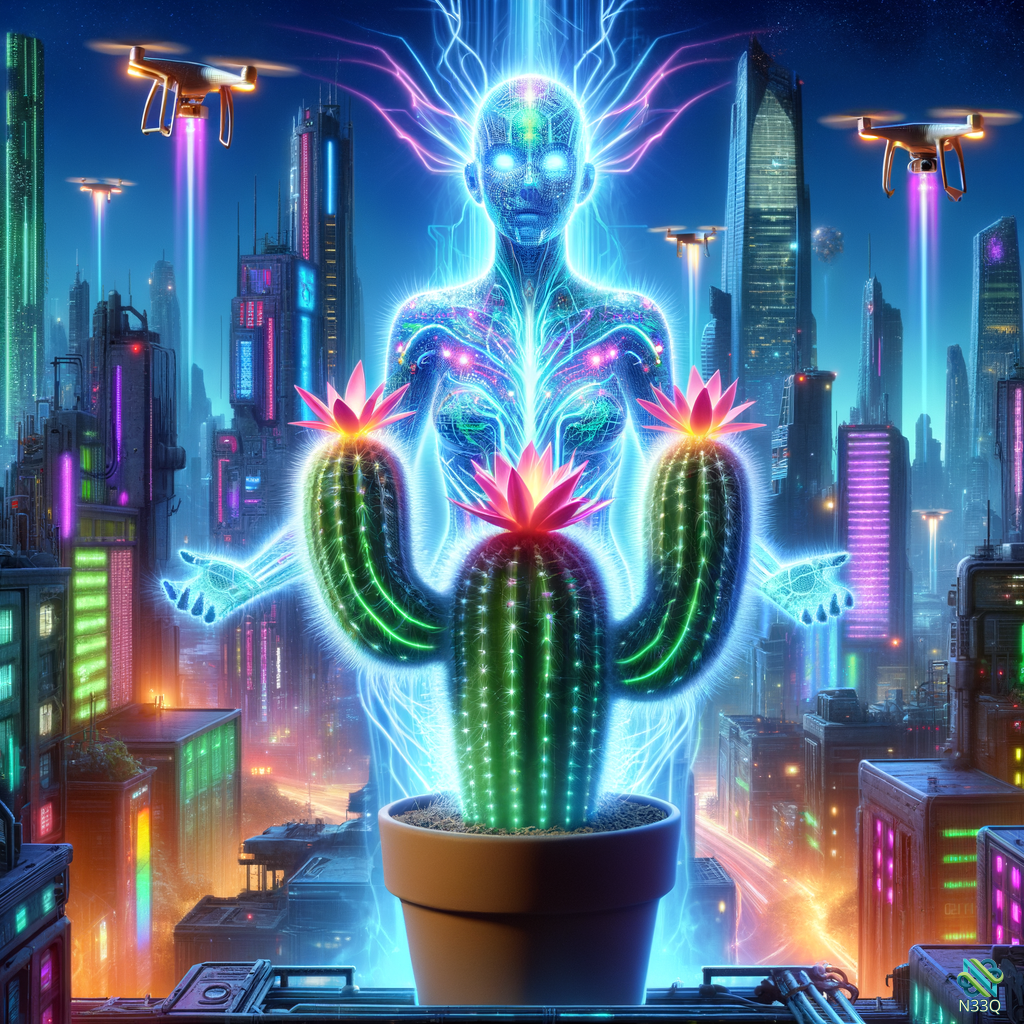 Neon Cactus Humanoid in Cyberpunk City