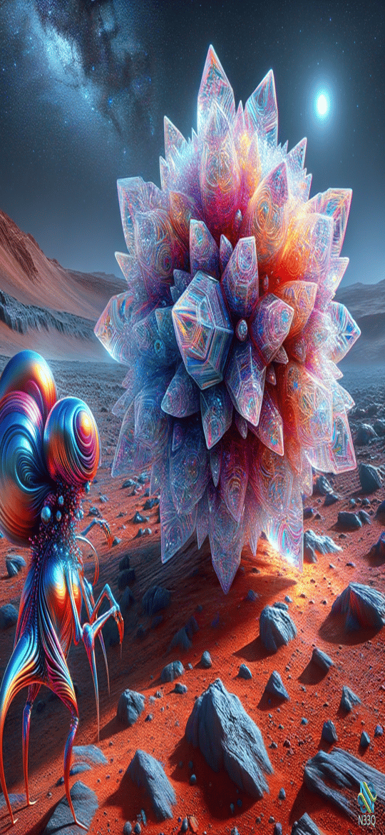 Iridescent Snail Creature and Crystal Bloom on Red Desert