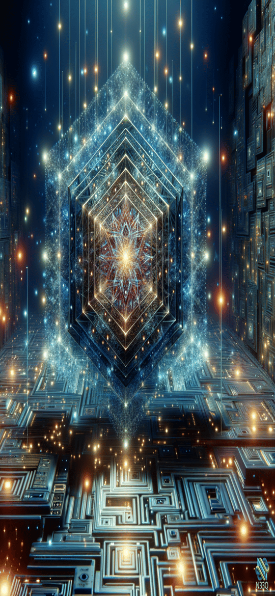 Glowing Hexagonal Mandala in Digital Corridor