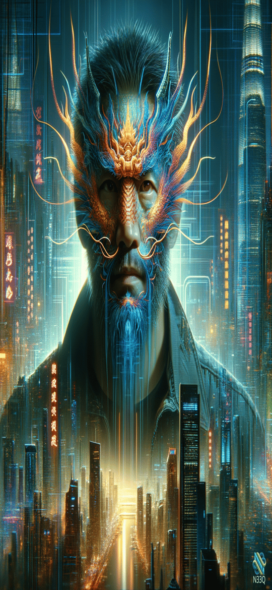 Dragon Mask Man in Neon Cyberpunk City