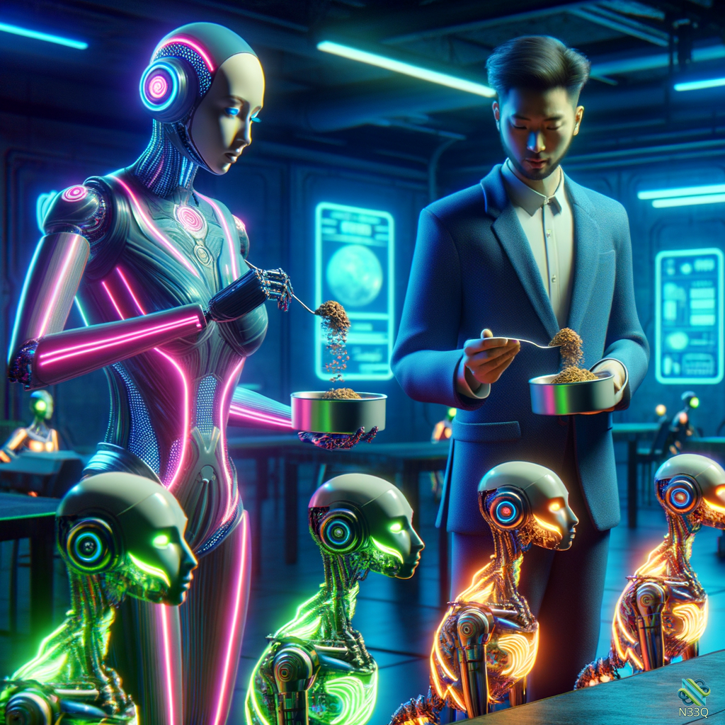 Cyborg and Man Feeding Small Robots