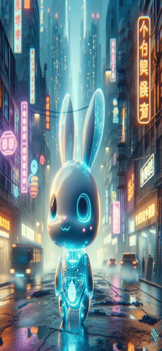 Holographic Bunny in Neon Cyberpunk Street