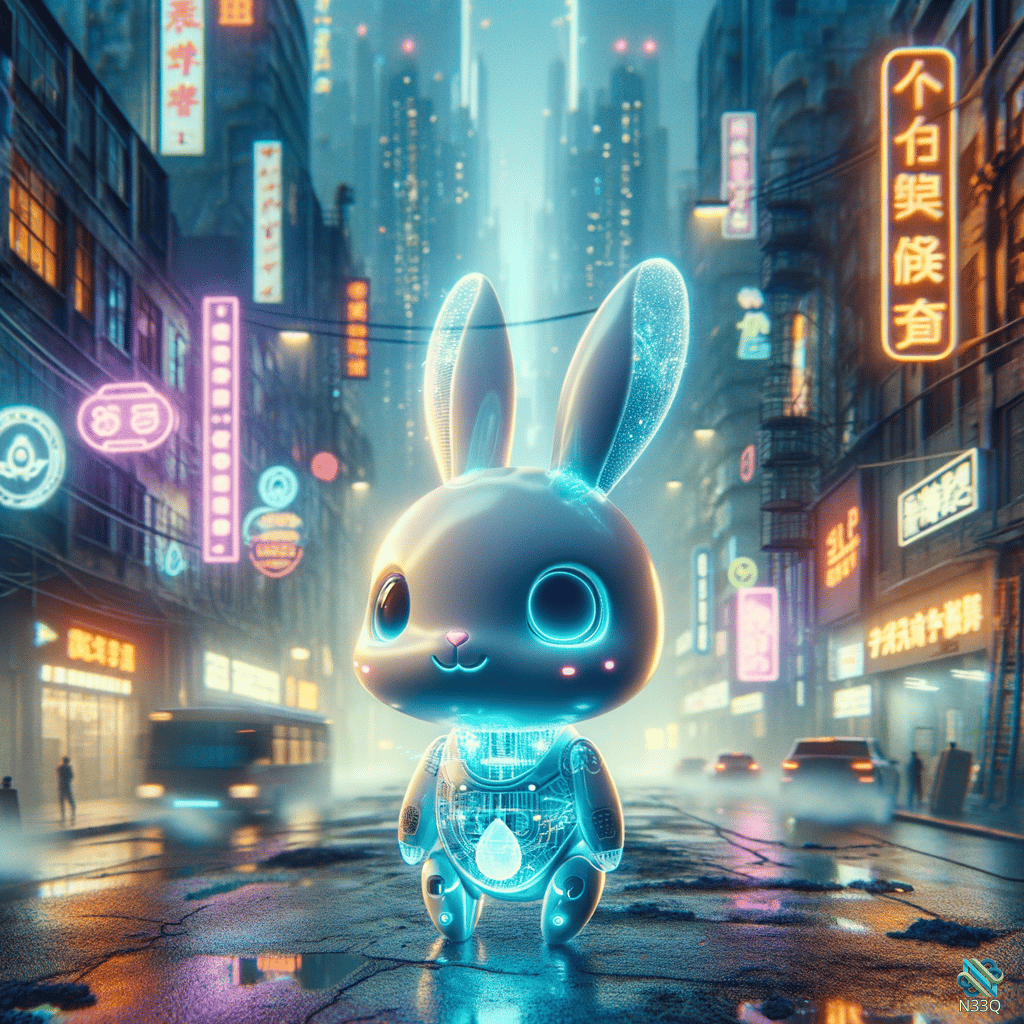 Holographic Bunny in Neon Cyberpunk Street