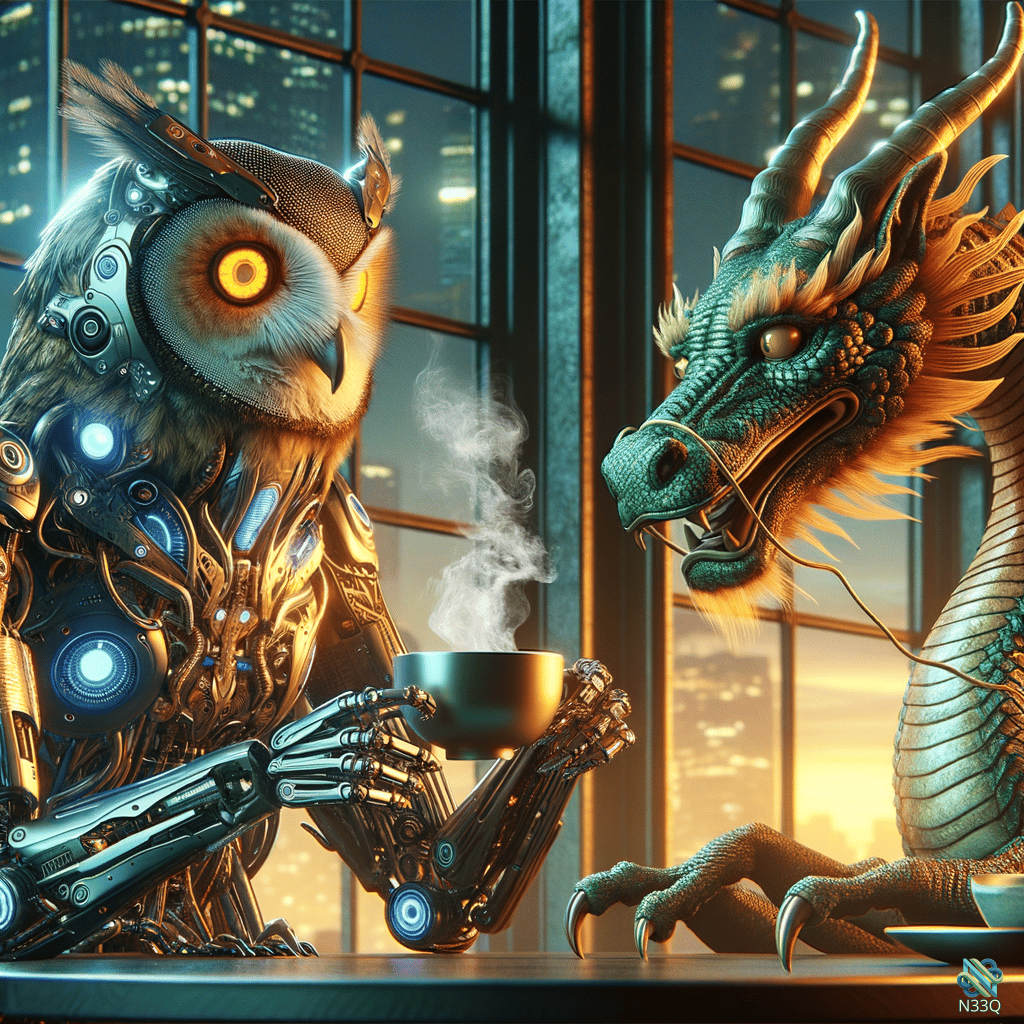 Cyborg Owl and Green Dragon Sharing Tea
