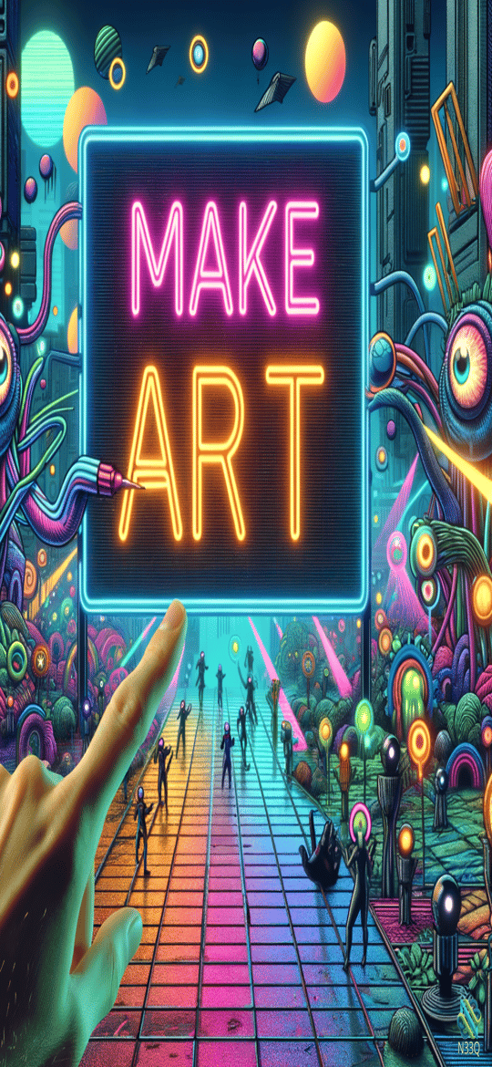 Neon Make Art Sign with Pointing Hand