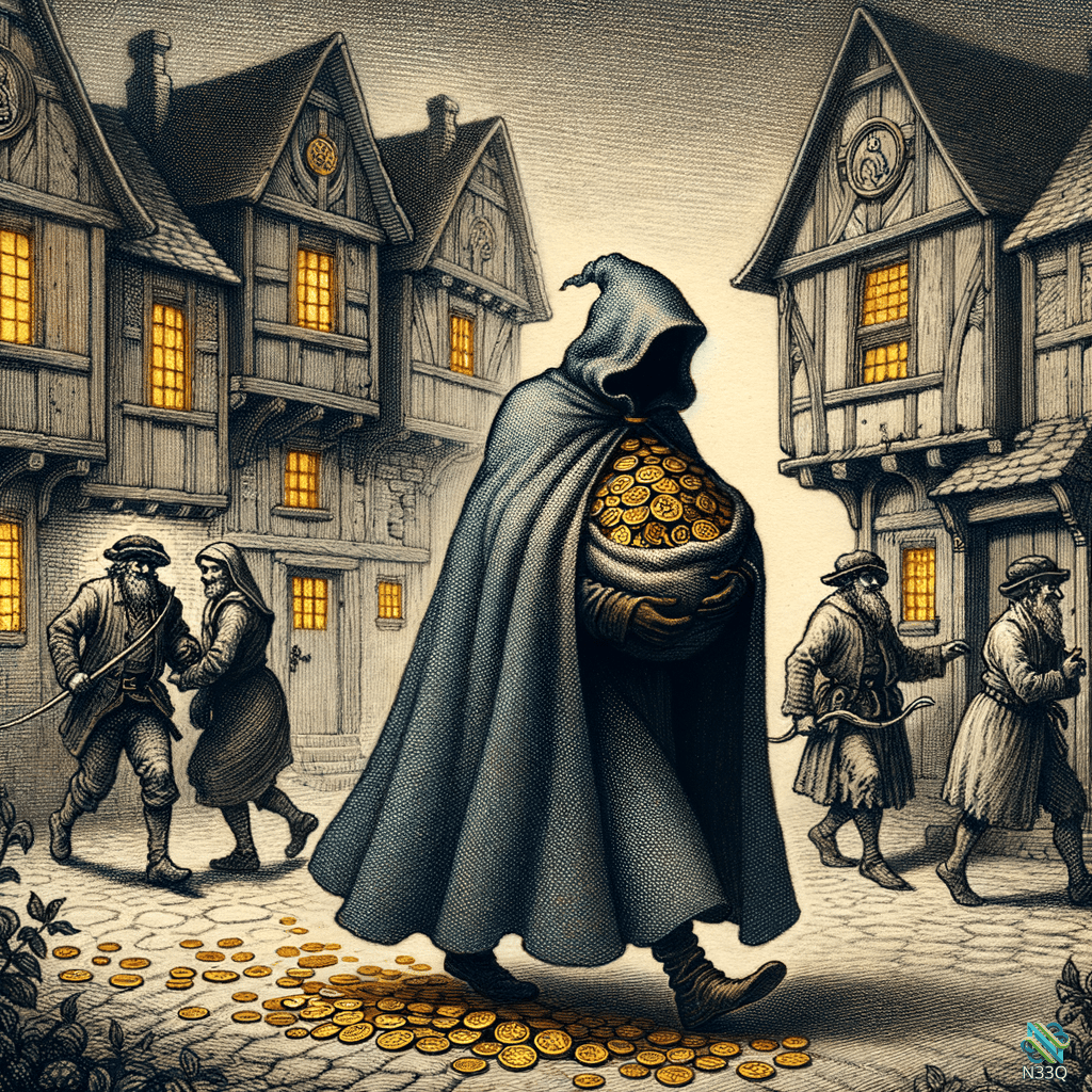 Hooded Figure Spilling Sack of Gold Coins