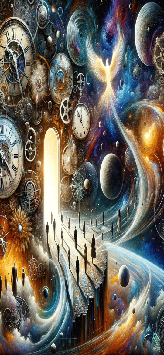 Figures Approaching Portal Among Floating Clocks and Phoenix