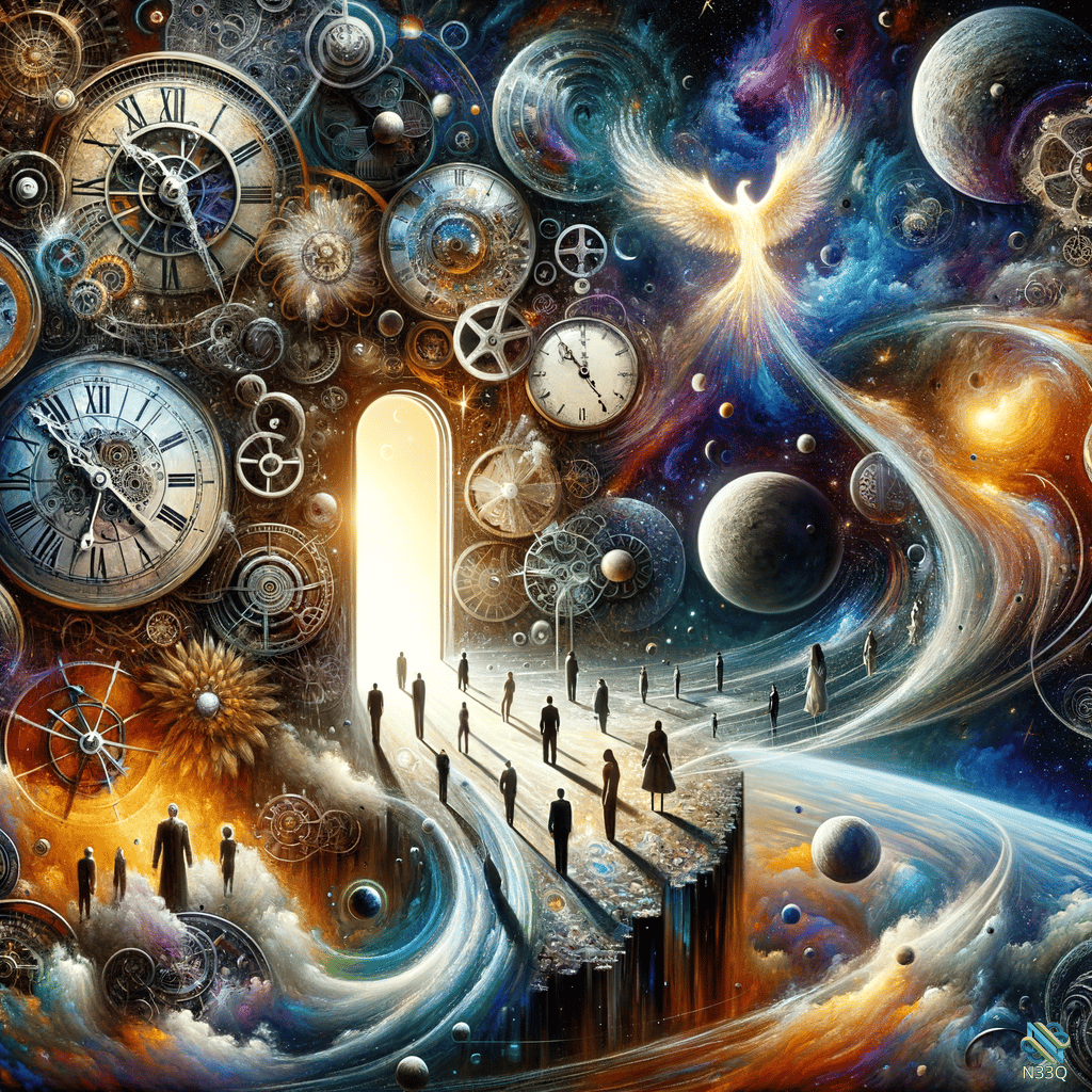 Figures Approaching Portal Among Floating Clocks and Phoenix