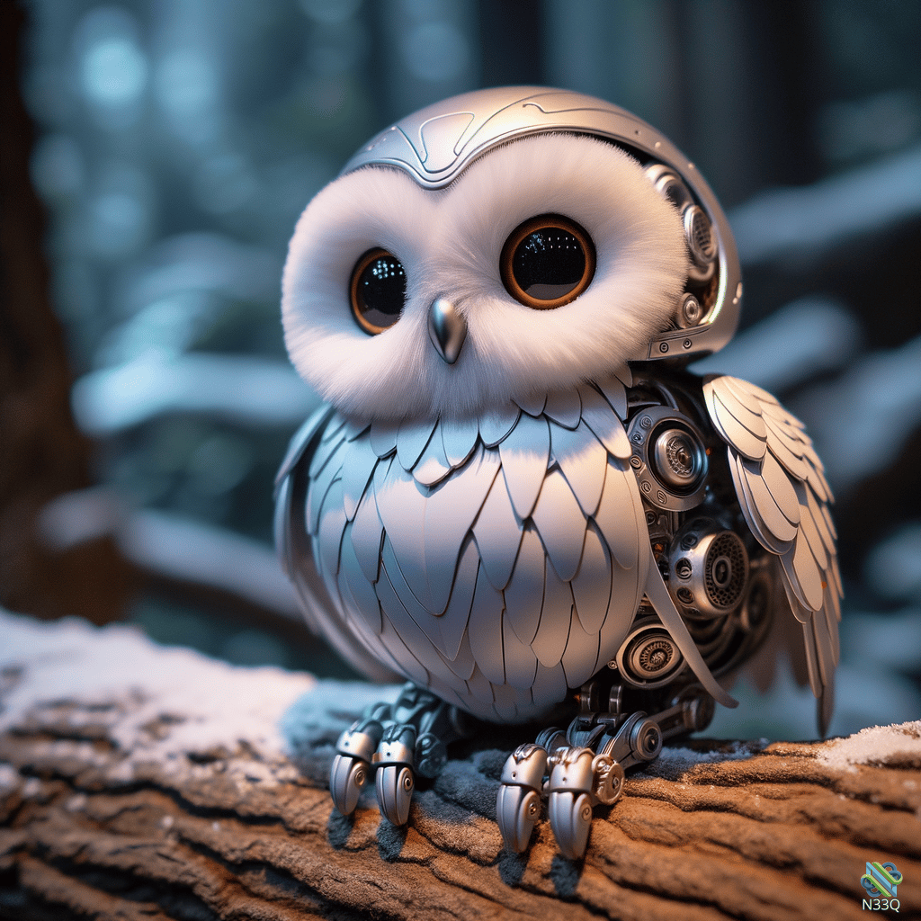 Robotic Owl Perched on Snowy Log