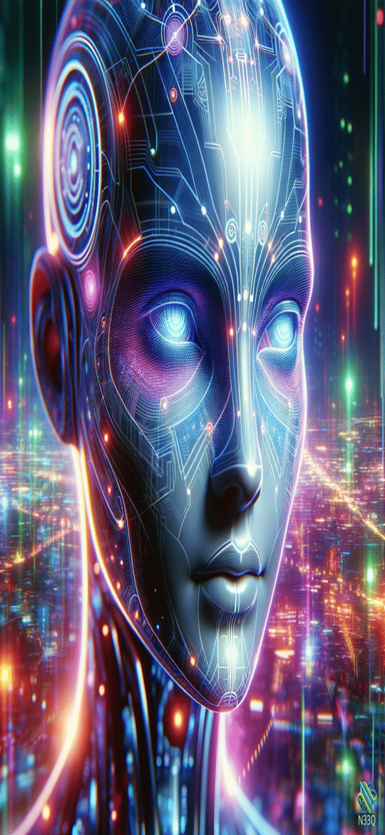 Neon Cybernetic Female Head in Futuristic City