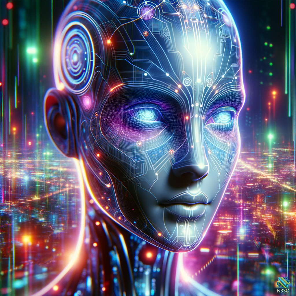 Neon Cybernetic Female Head in Futuristic City
