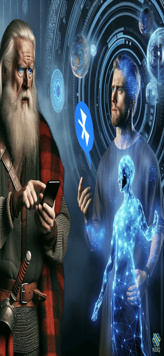 Elderly Warrior and Digital Hologram Encounter