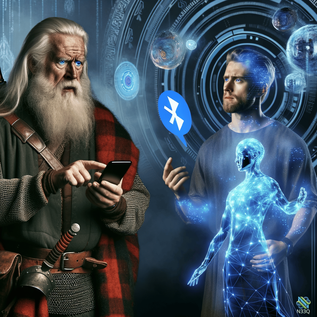 Elderly Warrior and Digital Hologram Encounter