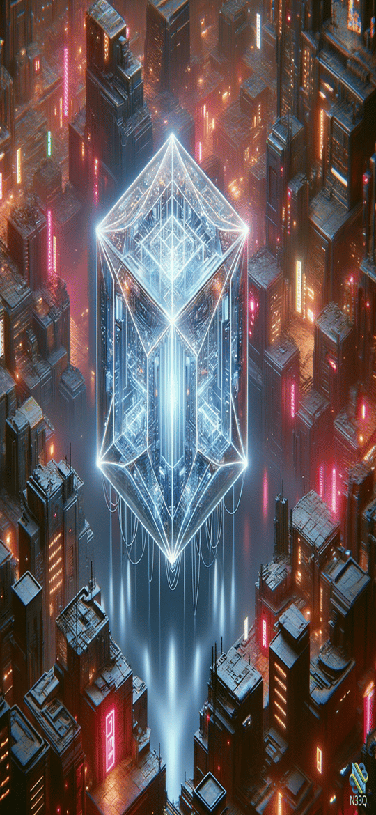 Glowing Cube Over Neon Cyberpunk City