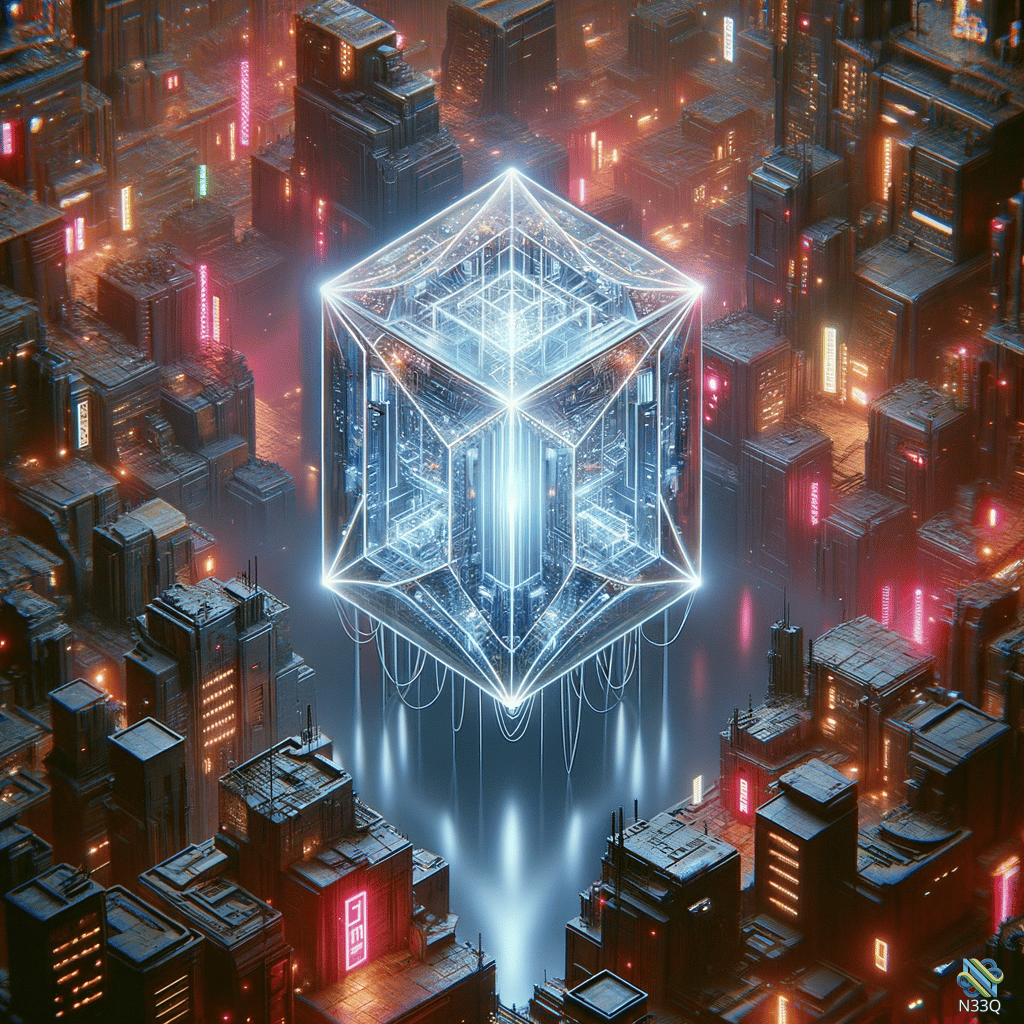 Glowing Cube Over Neon Cyberpunk City