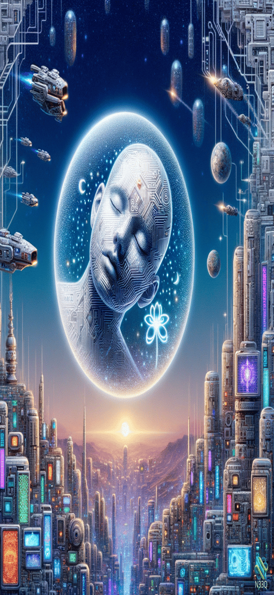 Serene Circuit Face in Orb Over Neon City