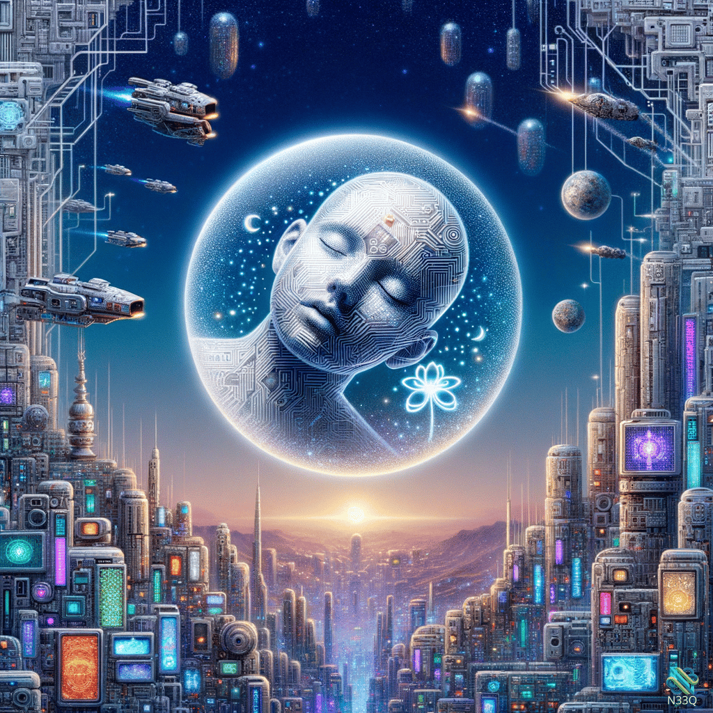 Serene Circuit Face in Orb Over Neon City