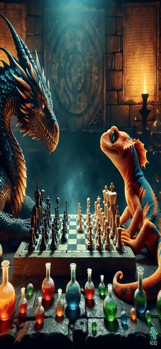 Dragon and Lizard Playing Chess