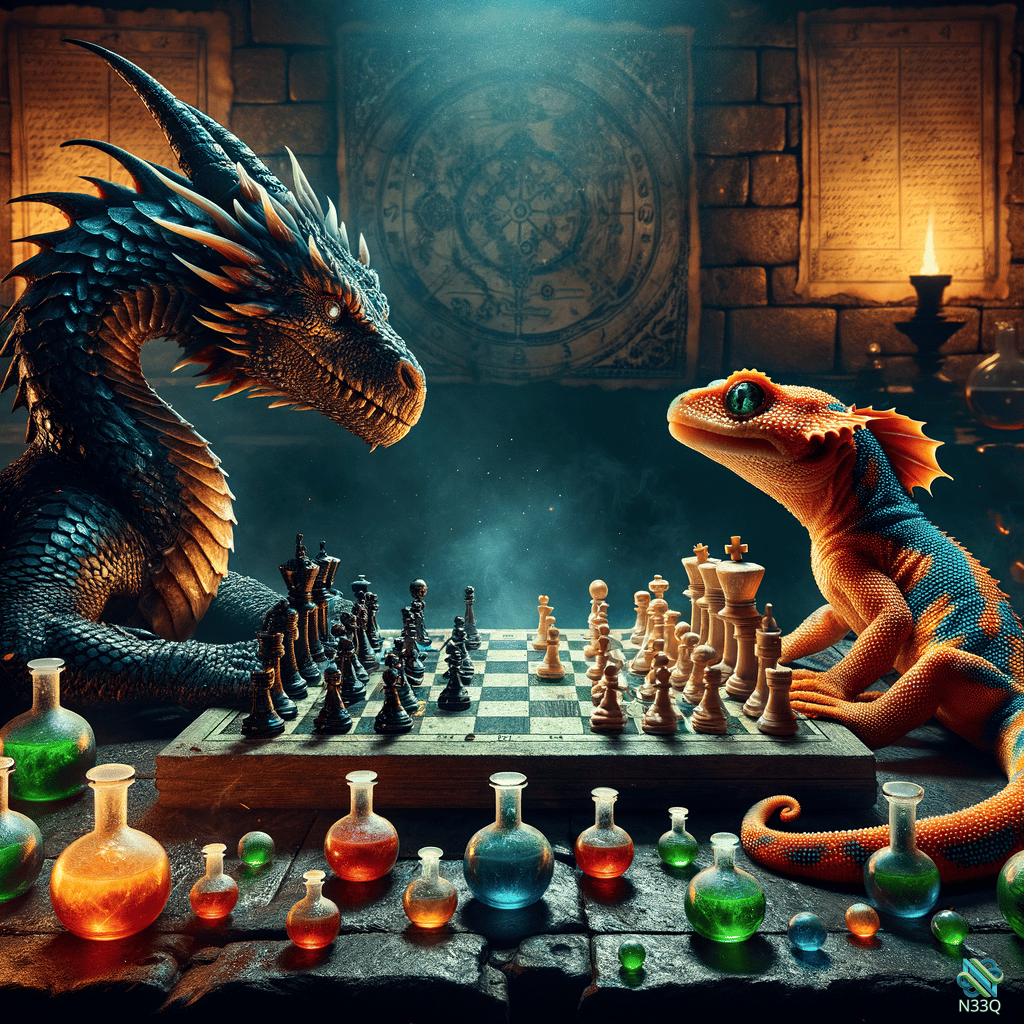 Dragon and Lizard Playing Chess
