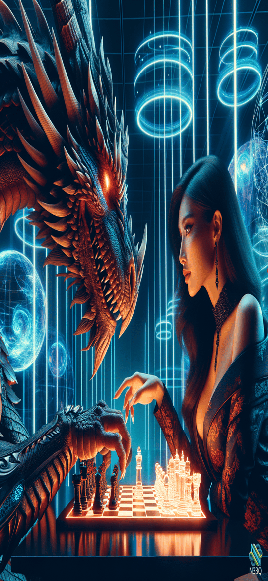 Woman and Dragon Playing Neon Chess