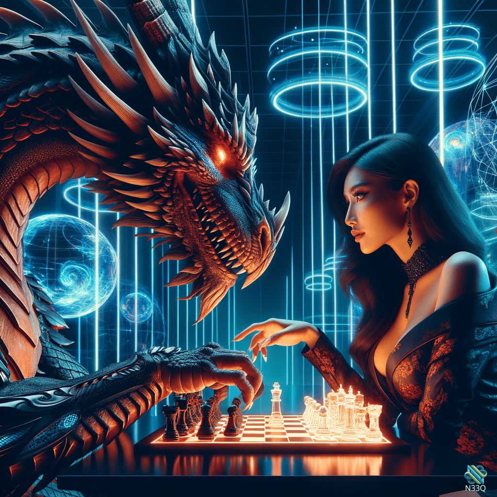 Woman and Dragon Playing Neon Chess